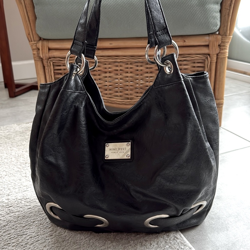 Nine West Black Faux-Leather Shoulder Bag/Tote w/ Silver-Tone Hardware- Clean